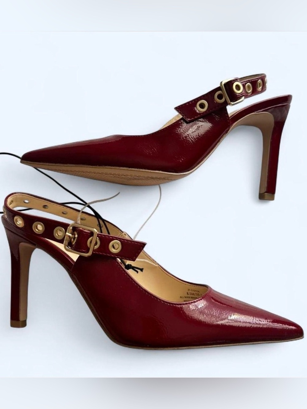 Patent Wine Red Pointed-Toe Slingback Heels with Gold Grommet Strap